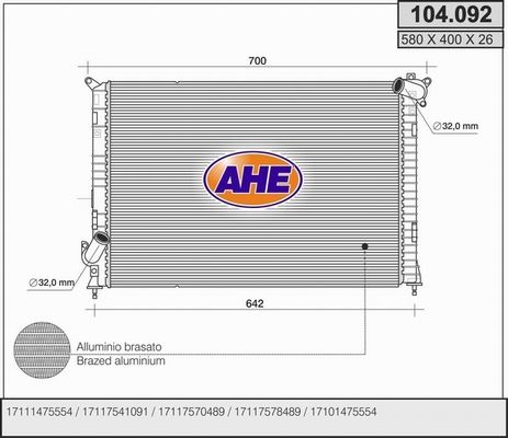 AHE Радиатор, охлаждение двигателя 104.092