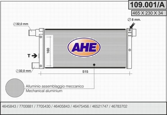 AHE Радиатор, охлаждение двигателя 109.001/A