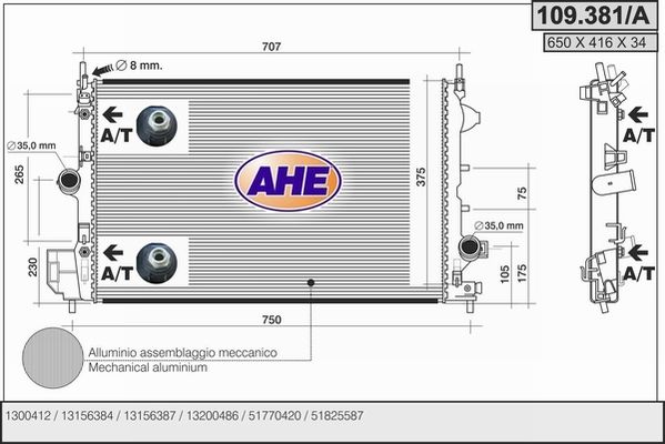 AHE Радиатор, охлаждение двигателя 109.381/A