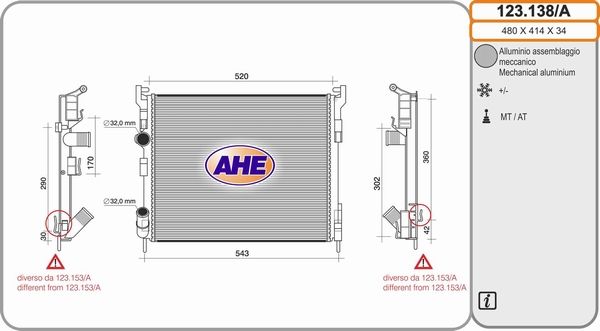 AHE Радиатор, охлаждение двигателя 123.138/A