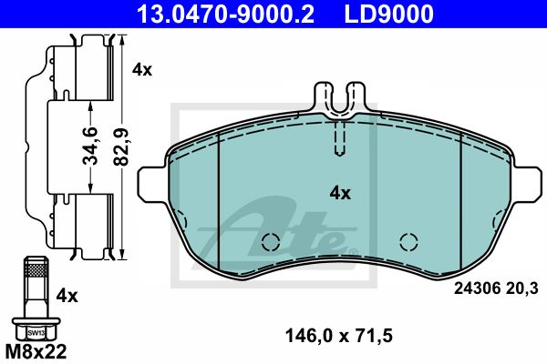 ATE Комплект тормозных колодок, дисковый тормоз 13.0470-9000.2