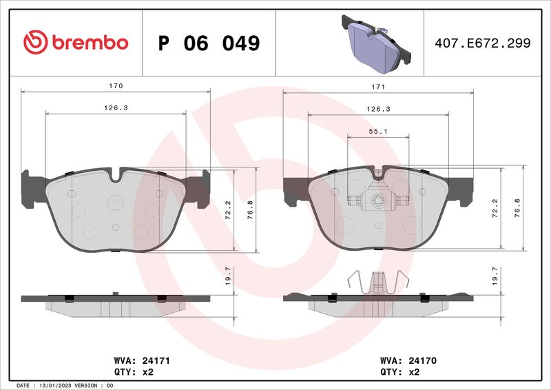 BREMBO Bremžu uzliku kompl., Disku bremzes P 06 049X