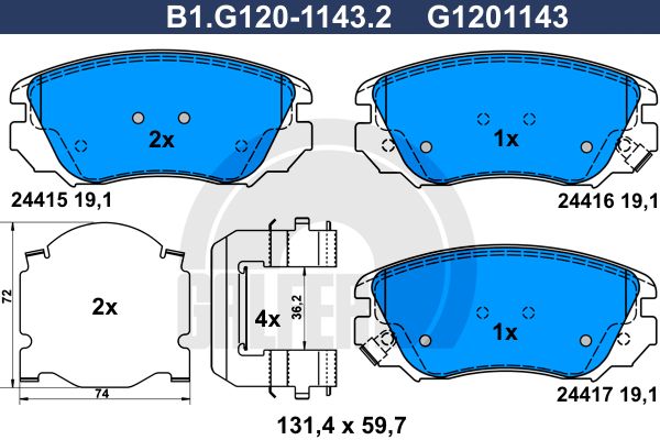 GALFER Bremžu uzliku kompl., Disku bremzes B1.G120-1143.2