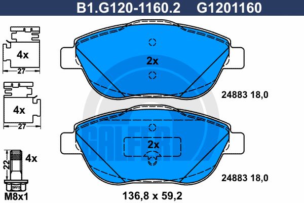 GALFER Bremžu uzliku kompl., Disku bremzes B1.G120-1160.2