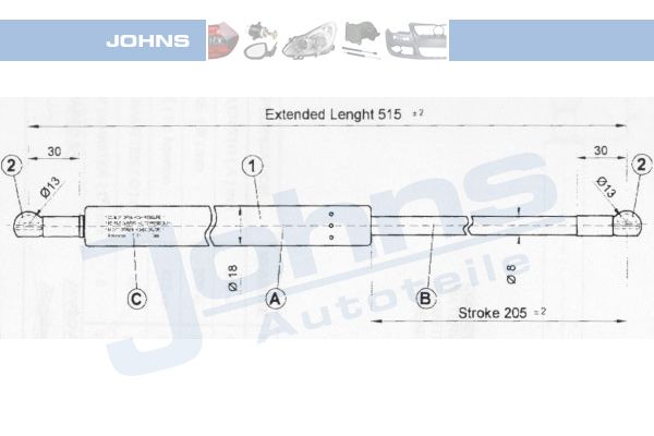 JOHNS Газовая пружина, крышка багажник 38 09 95-91