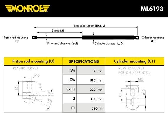 MONROE Gāzes atspere, Motora pārsegs ML6193